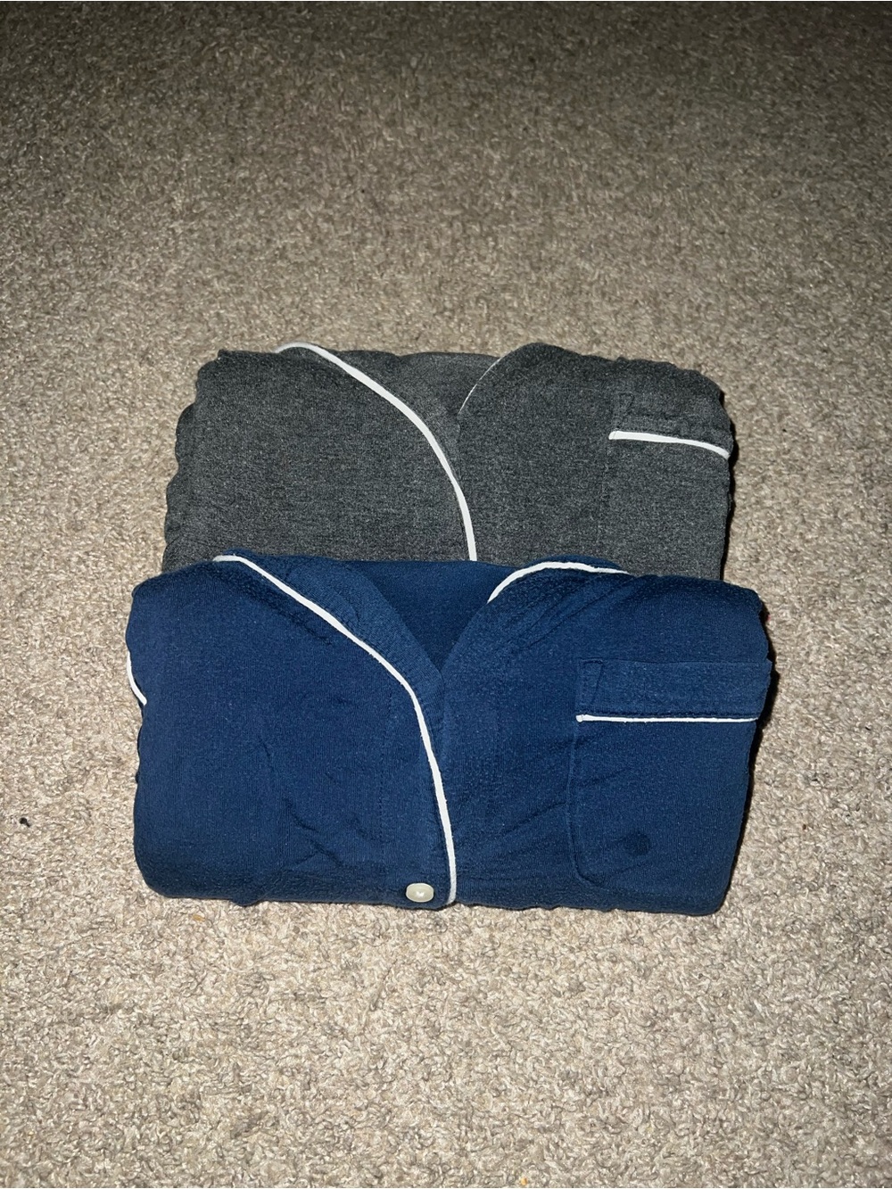 stars above Navy and Charcoal Two-Pack Pajama Tops with White Piping